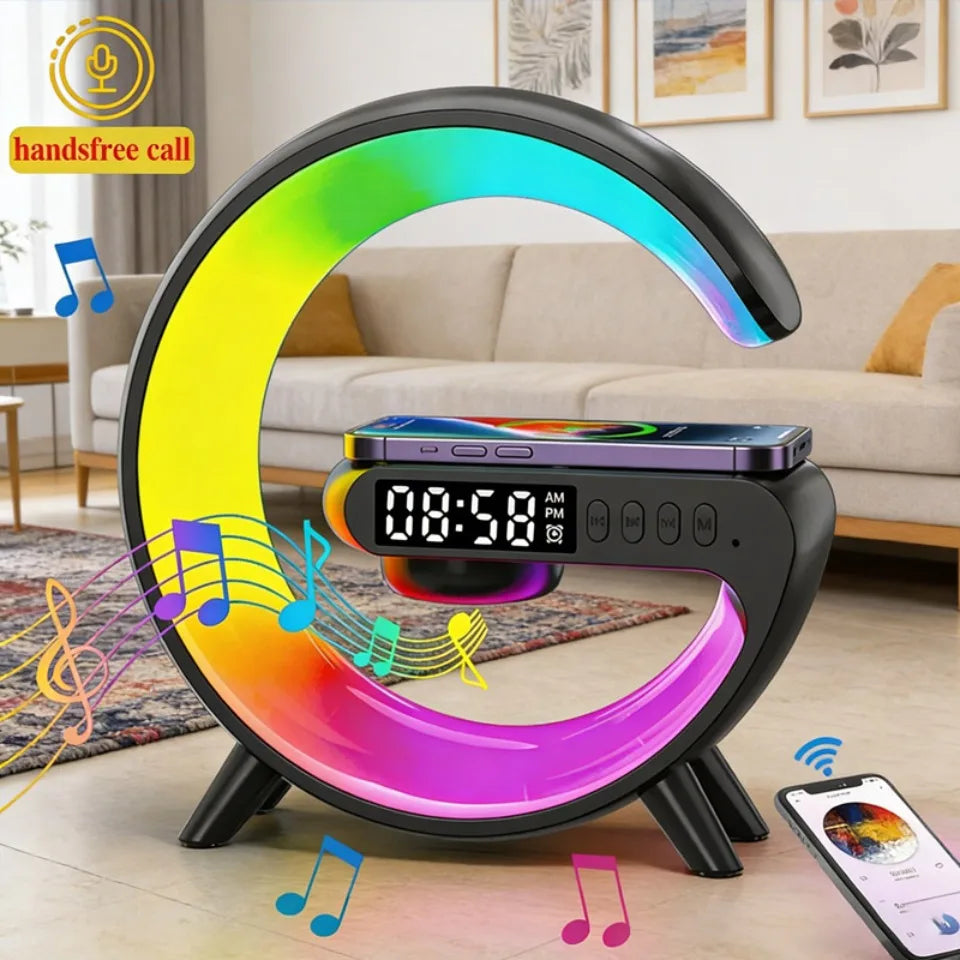Cargador Inalámbrico 6 en 1 con Altavoz Bluetooth, Reloj Despertador, Carga Rápida 15W, 9 Modos RGB, Lámpara de Noche para Dormitorio, Hogar y Oficina